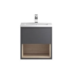 Hudson Reed Coast 500mm Wall Mounted Vanity Unit with Open Shelf & Basin - Grey Gloss/Driftwood