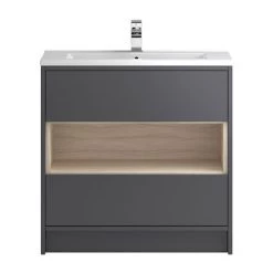 Hudson Reed Coast 800mm Floorstanding 2 Drawer Vanity Unit with Open Shelf & Basin - Grey Gloss/Driftwood