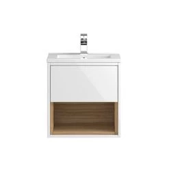 Hudson Reed Coast 500mm Wall Mounted Vanity Unit with Open Shelf & Basin - Gloss White/Coco Bolo