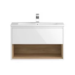 Hudson Reed 800mm Wall Mounted Vanity Unit with Open Shelf & Basin - Gloss White/Coco Bolo