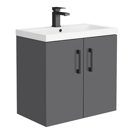 Apollo2 605mm Gloss Grey Wall Hung Vanity Unit w. Matt Black Handles 1 Apollo2 605mm Gloss Grey Wall Hung Vanity Unit w. Matt Black Handles