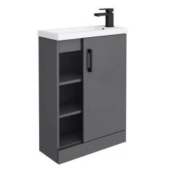 Apollo2 605mm Gloss Grey Open Shelf Compact Floor Standing Vanity Unit w. Matt Black Handle