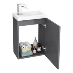 Apollo2 405mm Gloss Grey Compact Wall Hung Vanity Unit w. Matt Black Handle -Vanity Units Sales Store APC2GWH4MB d3 460