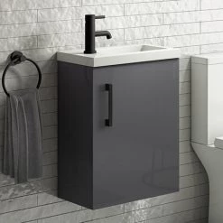 Apollo2 405mm Gloss Grey Compact Wall Hung Vanity Unit w. Matt Black Handle