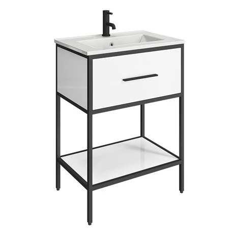 Arezzo 600 Matt Black Framed Vanity Unit with Ceramic Basin and Open Shelf 2 Arezzo 600 Matt Black Framed Vanity Unit with Ceramic Basin and Open Shelf - Image 2
