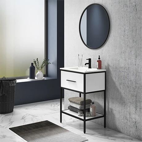 Arezzo 600 Matt Black Framed Vanity Unit with Ceramic Basin and Open Shelf 1 Arezzo 600 Matt Black Framed Vanity Unit with Ceramic Basin and Open Shelf