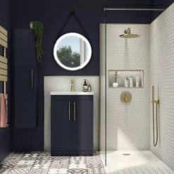 Arezzo Floor Standing Vanity Unit - Matt Blue - 500mm with Industrial Style Brushed Brass Handles -Vanity Units Sales Store AZB5FSVBBIS d3 460