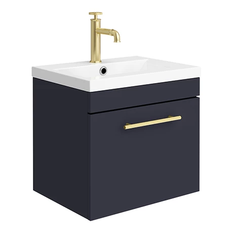 Arezzo Wall Hung Vanity Unit - Matt Blue - 500mm with Industrial Style Brushed Brass Handle 1 Arezzo Wall Hung Vanity Unit - Matt Blue - 500mm with Industrial Style Brushed Brass Handle