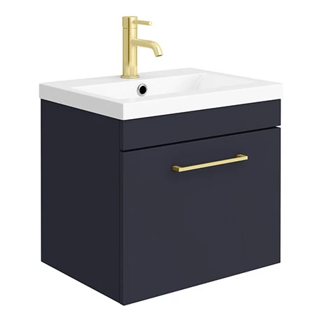 Arezzo 500 Matt Blue Wall Hung 1-Drawer Vanity Unit with Brushed Brass Handle 1 Arezzo 500 Matt Blue Wall Hung 1-Drawer Vanity Unit with Brushed Brass Handle