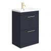 Arezzo 600 Matt Blue Floor Standing 2-Drawers Vanity Unit with Brushed Brass Handles
