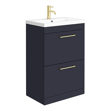Arezzo 600 Matt Blue Floor Standing 2-Drawers Vanity Unit with Brushed Brass Handles 1 Arezzo 600 Matt Blue Floor Standing 2-Drawers Vanity Unit with Brushed Brass Handles