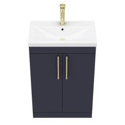 Arezzo Floor Standing Vanity Unit - Matt Blue - 600mm with Industrial Style Brushed Brass Handles -Vanity Units Sales Store AZB6FSVBBIS D4 460
