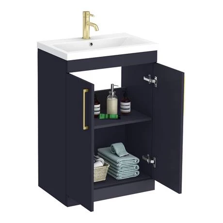 Arezzo 600 Matt Blue Floor Standing Vanity Unit with Brushed Brass Handles 6 Arezzo 600 Matt Blue Floor Standing Vanity Unit with Brushed Brass Handles - Image 6