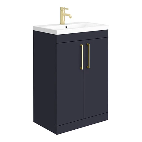 Arezzo 600 Matt Blue Floor Standing Vanity Unit with Brushed Brass Handles 1 Arezzo 600 Matt Blue Floor Standing Vanity Unit with Brushed Brass Handles