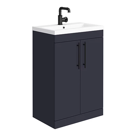 Arezzo Floor Standing Vanity Unit - Matt Blue - 600mm with Industrial Style Black Handles 1 Arezzo Floor Standing Vanity Unit - Matt Blue - 600mm with Industrial Style Black Handles