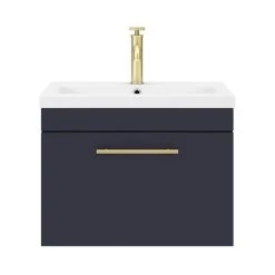 Arezzo Wall Hung Vanity Unit - Matt Blue - 600mm with Industrial Style Brushed Brass Handle -Vanity Units Sales Store AZB6WHVBBIS d5 460