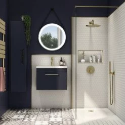 Arezzo Wall Hung Vanity Unit - Matt Blue - 600mm with Industrial Style Brushed Brass Handle -Vanity Units Sales Store AZB6WHVBBIS d4 460