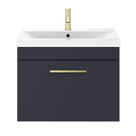 Arezzo 600 Matt Blue Wall Hung 1-Drawer Vanity Unit with Brushed Brass Handle 4 Arezzo 600 Matt Blue Wall Hung 1-Drawer Vanity Unit with Brushed Brass Handle - Image 4