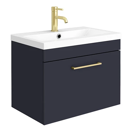 Arezzo 600 Matt Blue Wall Hung 1-Drawer Vanity Unit with Brushed Brass Handle 1 Arezzo 600 Matt Blue Wall Hung 1-Drawer Vanity Unit with Brushed Brass Handle