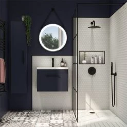 Arezzo Wall Hung Vanity Unit - Matt Blue - 600mm with Industrial Style Black Handle -Vanity Units Sales Store AZB6WHVBKIS d3 460