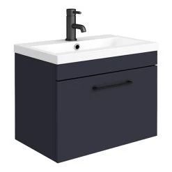 Arezzo 600 Matt Blue Wall Hung 1-Drawer Vanity Unit with Matt Black Handle