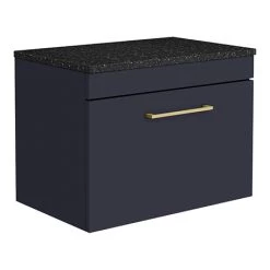 Arezzo Wall Hung Countertop Vanity Unit - Matt Blue - 600mm with Black Worktop & Brushed Brass Handle