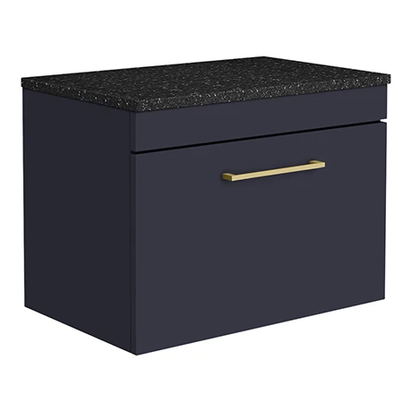 Arezzo Wall Hung Countertop Vanity Unit - Matt Blue - 600mm with Black Worktop & Brushed Brass Handle 1 Arezzo Wall Hung Countertop Vanity Unit - Matt Blue - 600mm with Black Worktop & Brushed Brass Handle