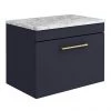 Arezzo Wall Hung Countertop Vanity Unit - Matt Blue - 600mm w. Matt White Marble Worktop & Brass Handle