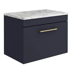 Arezzo Wall Hung Countertop Vanity Unit - Matt Blue - 600mm w. Matt White Marble Worktop & Brass Handle
