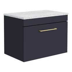 Arezzo Wall Hung Countertop Vanity Unit - Matt Blue - 600mm with White Worktop & Brushed Brass Handle