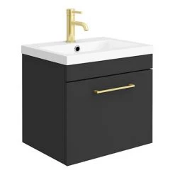 Arezzo 500 Matt Black Wall Hung 1-Drawer Vanity Unit with Brushed Brass Handle