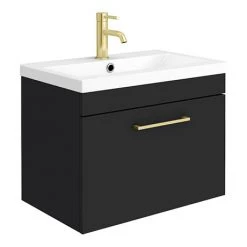 Arezzo 600 Matt Black Wall Hung 1-Drawer Vanity Unit with Brushed Brass Handle
