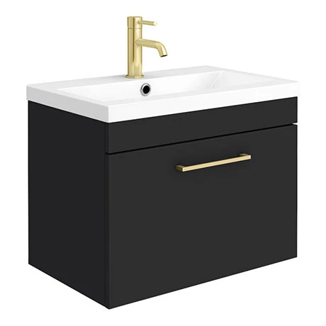 Arezzo 600 Matt Black Wall Hung 1-Drawer Vanity Unit with Brushed Brass Handle 1 Arezzo 600 Matt Black Wall Hung 1-Drawer Vanity Unit with Brushed Brass Handle
