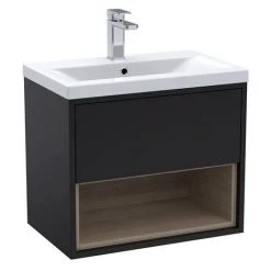 Arezzo Senza 600mm Matt Black / Vicenza Oak Wall Hung Vanity Unit with Open Shelf + Ceramic Basin -Vanity Units Sales Store AZBLAVO6 d2 460