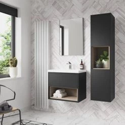 Arezzo Senza 600mm Matt Black / Vicenza Oak Wall Hung Vanity Unit with Open Shelf + Ceramic Basin -Vanity Units Sales Store AZBLAVO6 d3 460