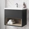 Arezzo Senza 600mm Matt Black / Vicenza Oak Wall Hung Vanity Unit with Open Shelf + Ceramic Basin
