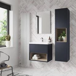 Arezzo Senza 500mm Matt Blue / Vicenza Oak Wall Hung Vanity Unit with Open Shelf + Ceramic Basin -Vanity Units Sales Store AZBLUVO5 d2 460