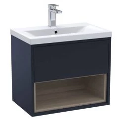 Arezzo Senza 600mm Matt Blue / Vicenza Oak Wall Hung Vanity Unit with Open Shelf + Ceramic Basin -Vanity Units Sales Store AZBLUVO6 d2 460