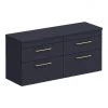 Arezzo Matt Blue Wall Hung 4 Drawer Double Countertop Vanity Unit (1200mm w. Brushed Brass Handles)