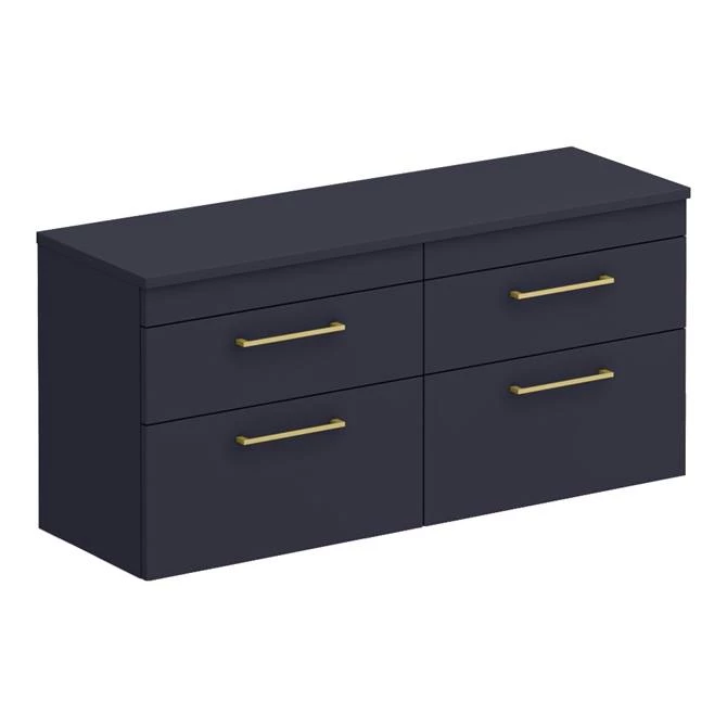 Arezzo Matt Blue Wall Hung 4 Drawer Double Countertop Vanity Unit (1200mm w. Brushed Brass Handles) 1 Arezzo Matt Blue Wall Hung 4 Drawer Double Countertop Vanity Unit (1200mm w. Brushed Brass Handles)