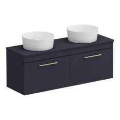 Arezzo Matt Blue Wall Hung Double Countertop Vanity Unit incl. 2 Basins (1200mm w. Brushed Brass Handles) -Vanity Units Sales Store AZBWHBB12RB detail3 460