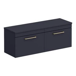 Arezzo Matt Blue Wall Hung Double Countertop Vanity Unit (1200mm w. Brushed Brass Handles)