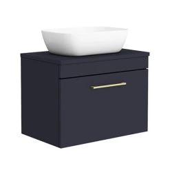 Arezzo Wall Hung Countertop Basin Unit - Blue with Brushed Brass Handle - 600mm inc. Basin