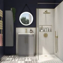 Arezzo Floor Standing Vanity Unit - Matt Grey - 500mm with Industrial Style Brushed Brass Handles 7 Arezzo Floor Standing Vanity Unit - Matt Grey - 500mm with Industrial Style Brushed Brass Handles -Vanity Units Sales Store AZG5FSVBBIS D3 460