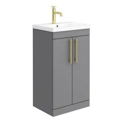 Arezzo Floor Standing Vanity Unit - Matt Grey - 500mm with Industrial Style Brushed Brass Handles