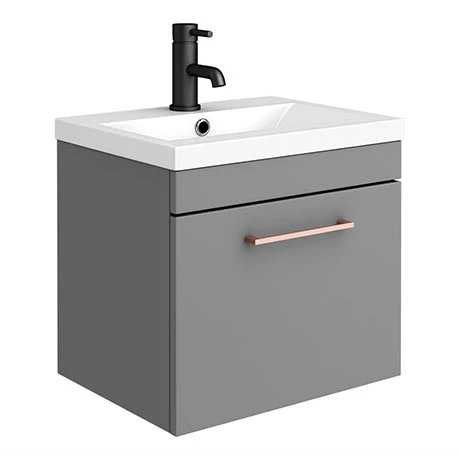 Arezzo 500 Matt Grey Wall Hung 1-Drawer Vanity Unit with Rose Gold Handle 1 Arezzo 500 Matt Grey Wall Hung 1-Drawer Vanity Unit with Rose Gold Handle