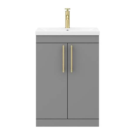 Arezzo Floor Standing Vanity Unit - Matt Grey - 600mm with Industrial Style Brushed Brass Handles 6 Arezzo Floor Standing Vanity Unit - Matt Grey - 600mm with Industrial Style Brushed Brass Handles - Image 6