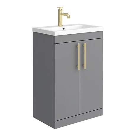 Arezzo Floor Standing Vanity Unit - Matt Grey - 600mm with Industrial Style Brushed Brass Handles 1 Arezzo Floor Standing Vanity Unit - Matt Grey - 600mm with Industrial Style Brushed Brass Handles