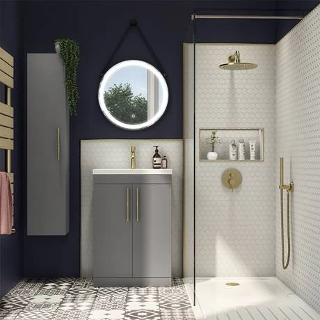 Arezzo Floor Standing Vanity Unit - Matt Grey - 600mm with Industrial Style Brushed Brass Handles 4 Arezzo Floor Standing Vanity Unit - Matt Grey - 600mm with Industrial Style Brushed Brass Handles - Image 4