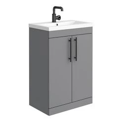 Arezzo Floor Standing Vanity Unit - Matt Grey - 600mm with Industrial Style Black Handles